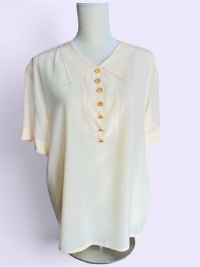 Vintage CHANEL Silk Blouse Gold CC Logo Buttons Ivory Size 44 /L